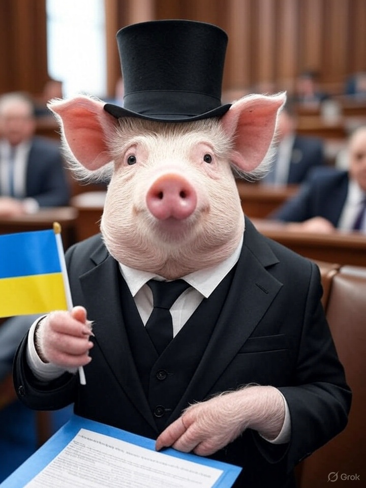 A meme of a pig in a top hat and distinguished suit presenting a bill on capitol hill while also holding a ukraine flag