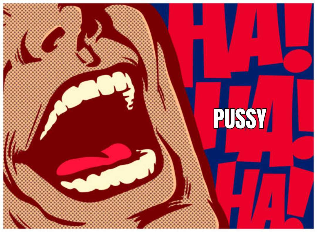 a meme of cartoon styled face laughing, but it's zoomed and and only showing the bottom half of the face expressing laughter, and the words are the color red and enlarged in the back ground and it says ha ha ha, and in small white text in the middle of all of the laughter, it says the word poucie.