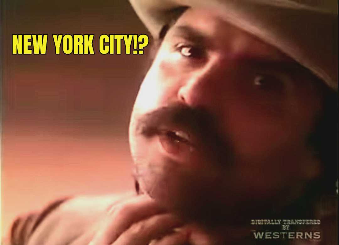 A meme of the mean cowboy from pace picante sauce commercials that says the phrase get the rope during the commercial, and the text on the screen exclaims the words, New York City with an exclamation point and a question mark after the words.