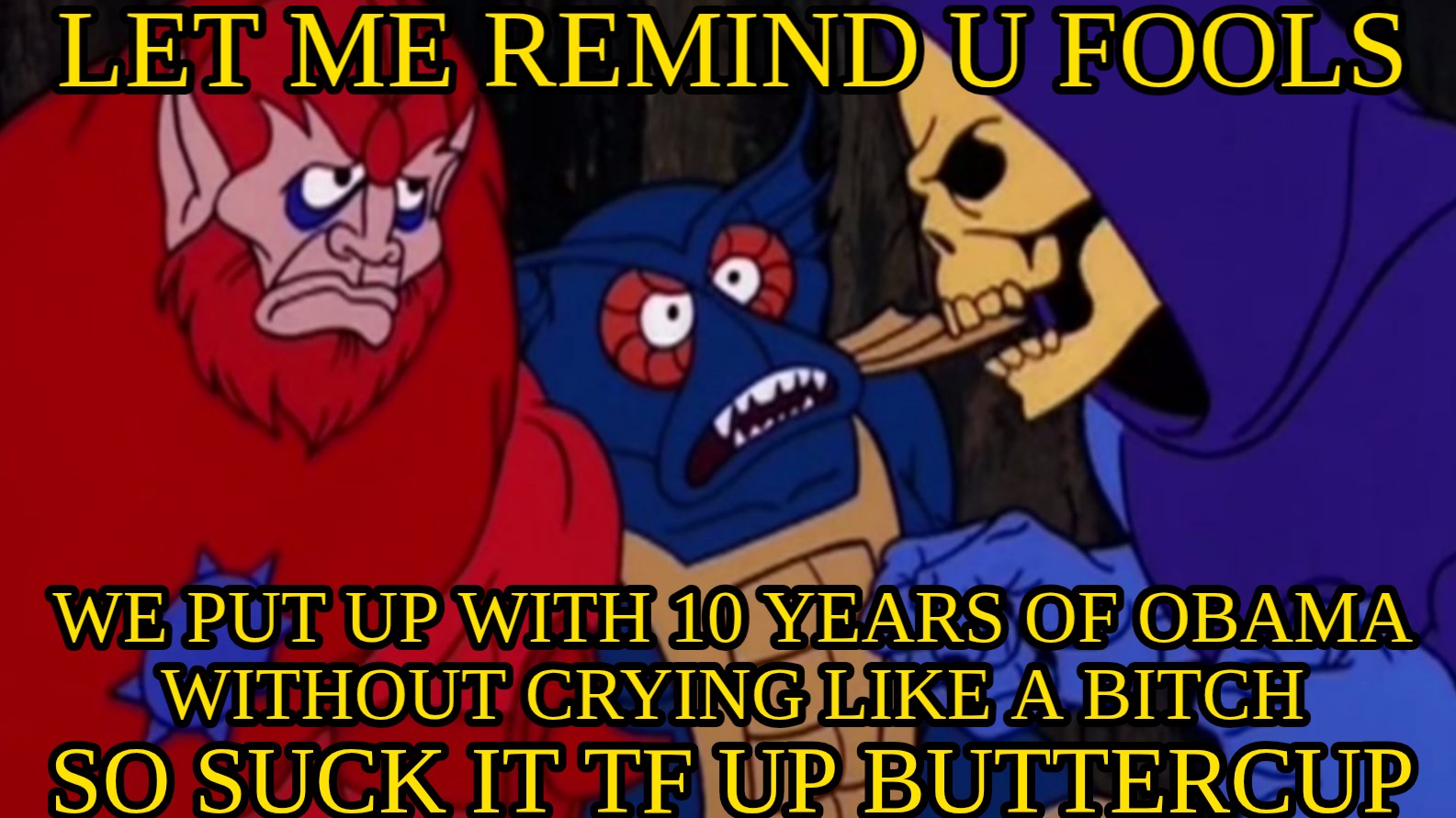 A meme of Skeletor scolding his henchmen, saying, let me remind you fools, we put up with 10 years of obama without crying like a bitch, so suck it tf up buttercup.