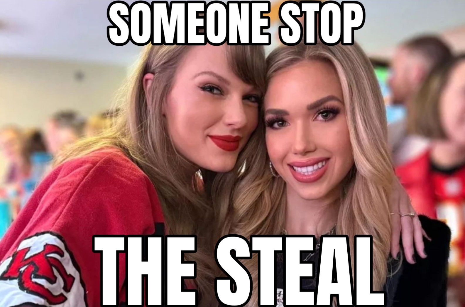 a meme of Grace Hunt and Taylor Swift taking a selfie that says, stop the steal.