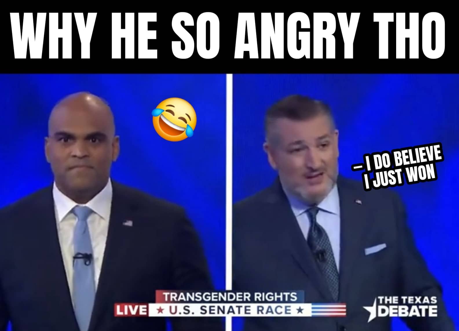 colin allred looks angry during the transgender rights debate on tv, and ted cruz is saying, I do believe I just won.