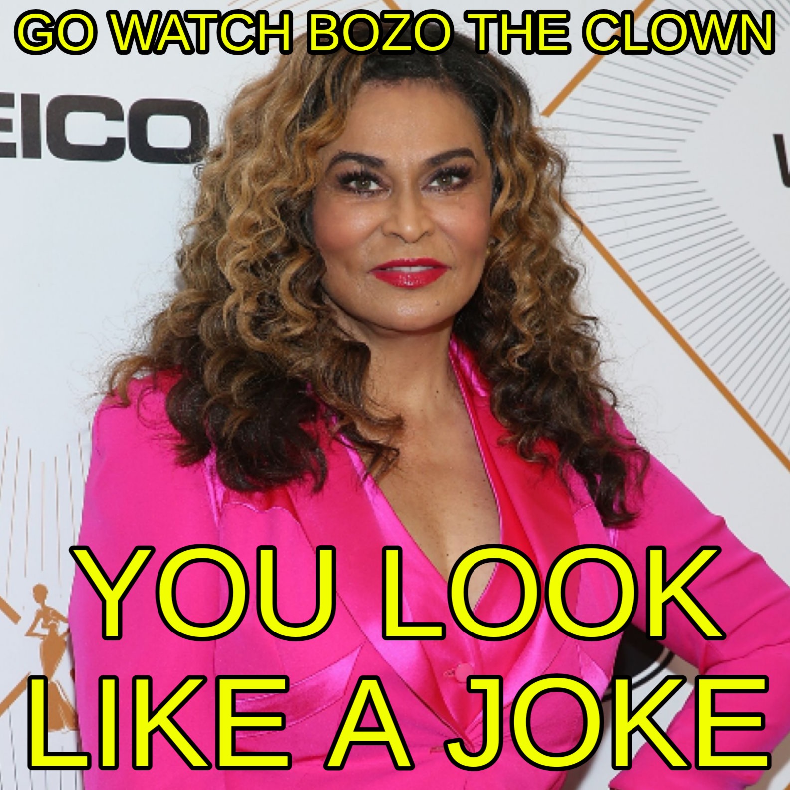 a meme of Beyonce's mom Tina Knowles looking bad off and it's quoting her saying go watch bozo the clown, you look like a joke. It's what she said in response to Beyonce's halftime show performance critics.