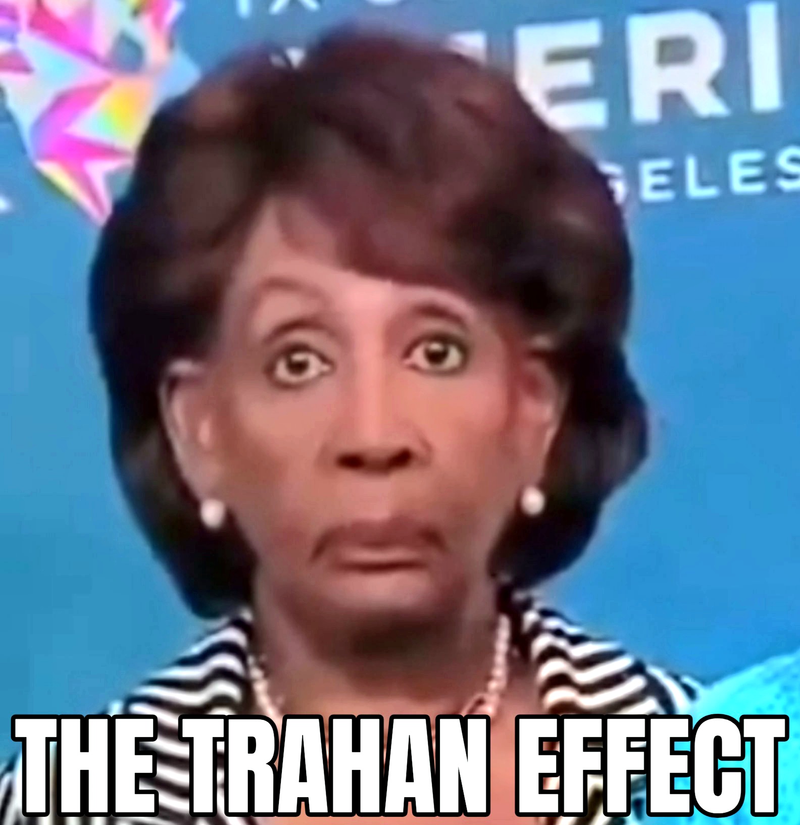 a meme of maxine waters with a bulldog faced expression lacking emotion and the text says the trahan effect