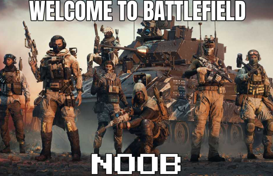 a meme of battlefield 6 soldier characters grouped in front of and on a tank brandishing weapons from the game, and the text says, welcome to battlefield noob. and the word noob is styled like a pixealted game's text. This is in refernce to call of duty gamers complaining that tanks are too easy to get and saying that they should be removed from the game.