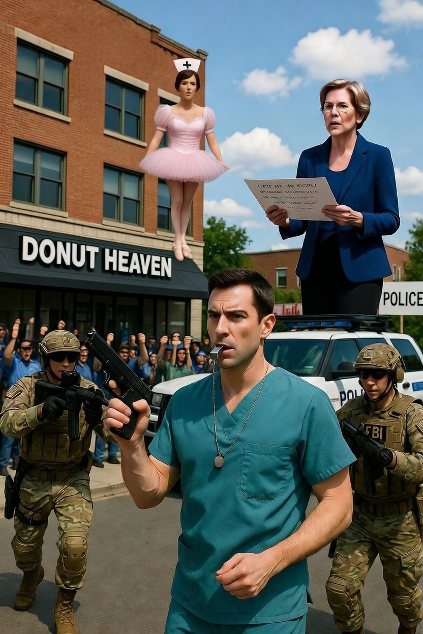 Satirical illustration of protestors, with a male nurse blowing a whistle and holding a gun in the middle of the street, with Elizbeth Warren giving a speech, a ballerina on top of the Donut Heaven sign and ice agents storming AI's version of Alex