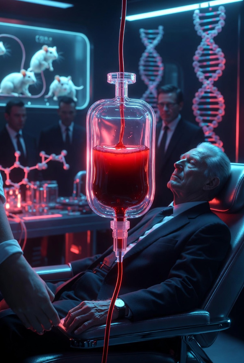 Futuristic cinematic illustration of an elderly man in a suit receiving a glowing red blood transfusion in a high-tech lab, with laboratory mice, DNA helices, and shadowy tech elites observing in the background. Moody blue and crimson lighting. Futuristic cinematic illustration of an elderly man in a suit receiving a glowing red blood transfusion in a high-tech lab, with laboratory mice, DNA helices, and shadowy tech elites observing in the background. Moody blue and crimson lighting.