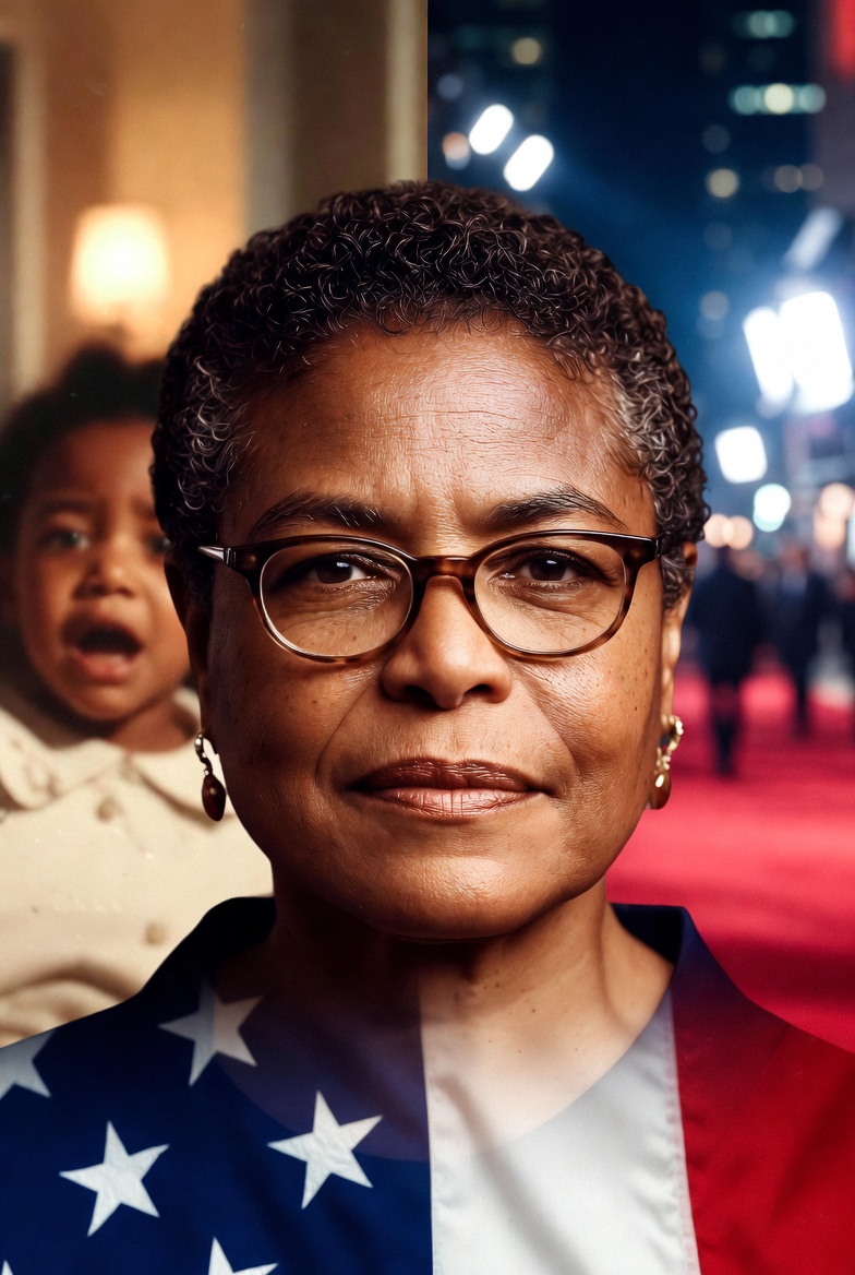 A picture of Karen Bass wrapped in an American Flag, a mock immigrant child in the background on the left side and a political event on the right side of her head