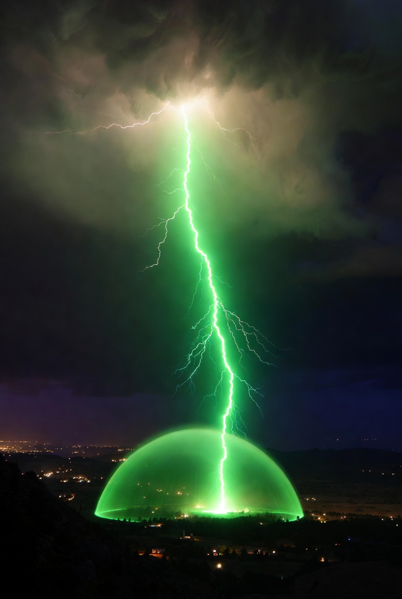 Neon lime green lightning bolt striking from stormy clouds into a perfect glowing green half-dome energy bubble over the Colorado Springs valley at night, viewed from a hilltop. White-hot origin in the clouds transitions to vivid neon green, illustrating a divine strike during the fall of the Watchers. Neon lime green lightning bolt striking from stormy clouds into a perfect glowing green half-dome energy bubble over the Colorado Springs valley at night, viewed from a hilltop. White-hot origin in the clouds transitions to vivid neon green, illustrating a divine strike during the fall of the Watchers