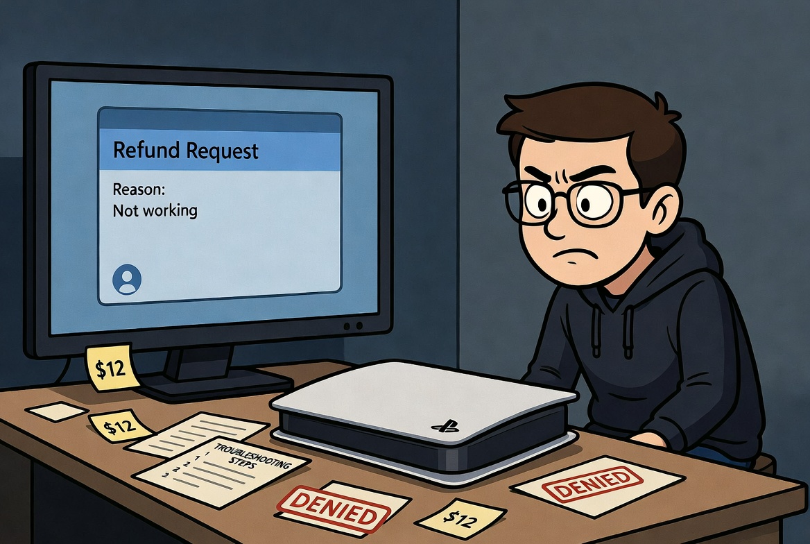Cartoon image of a frustrated gamer battling PlayStation refund process for $12 game. Cartoon image of a frustrated gamer battling PlayStation refund process for $12 game.