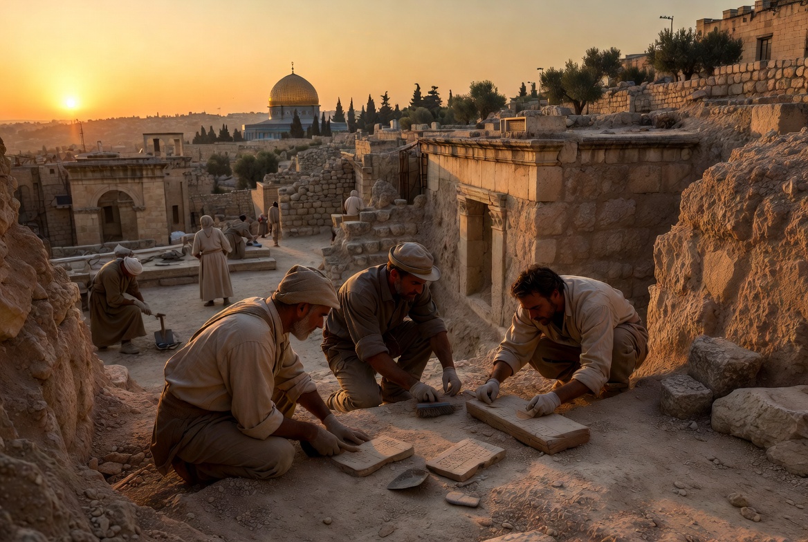 Archaeologists carefully excavating ancient stone ruins and inscriptions in Jerusalem at golden sunset, with the Dome of the Rock in the background. Archaeologists carefully excavating ancient stone ruins and inscriptions in Jerusalem at golden sunset, with the Dome of the Rock in the background.