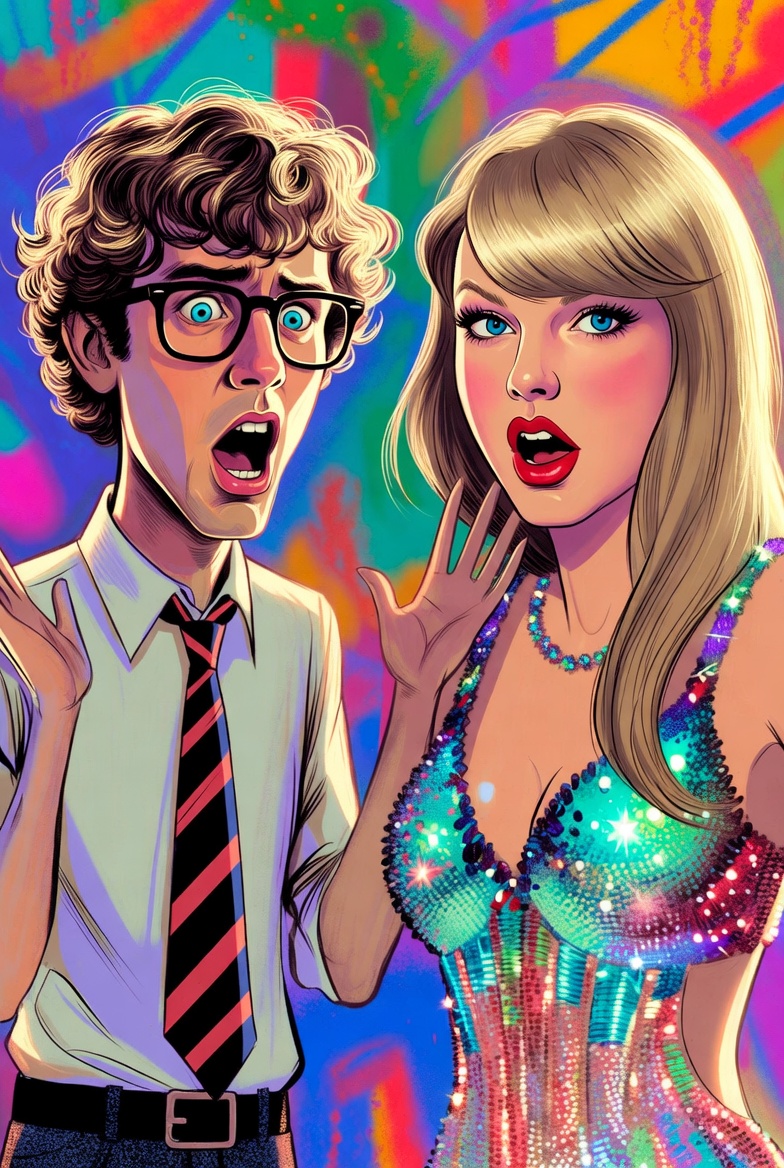 Whacky satirical illustration of Napoleon Dynamite and Taylor Swift merged in a twin conspiracy parody, both with exaggerated shocked expressions and awkward poses against a vibrant colorful background, no text