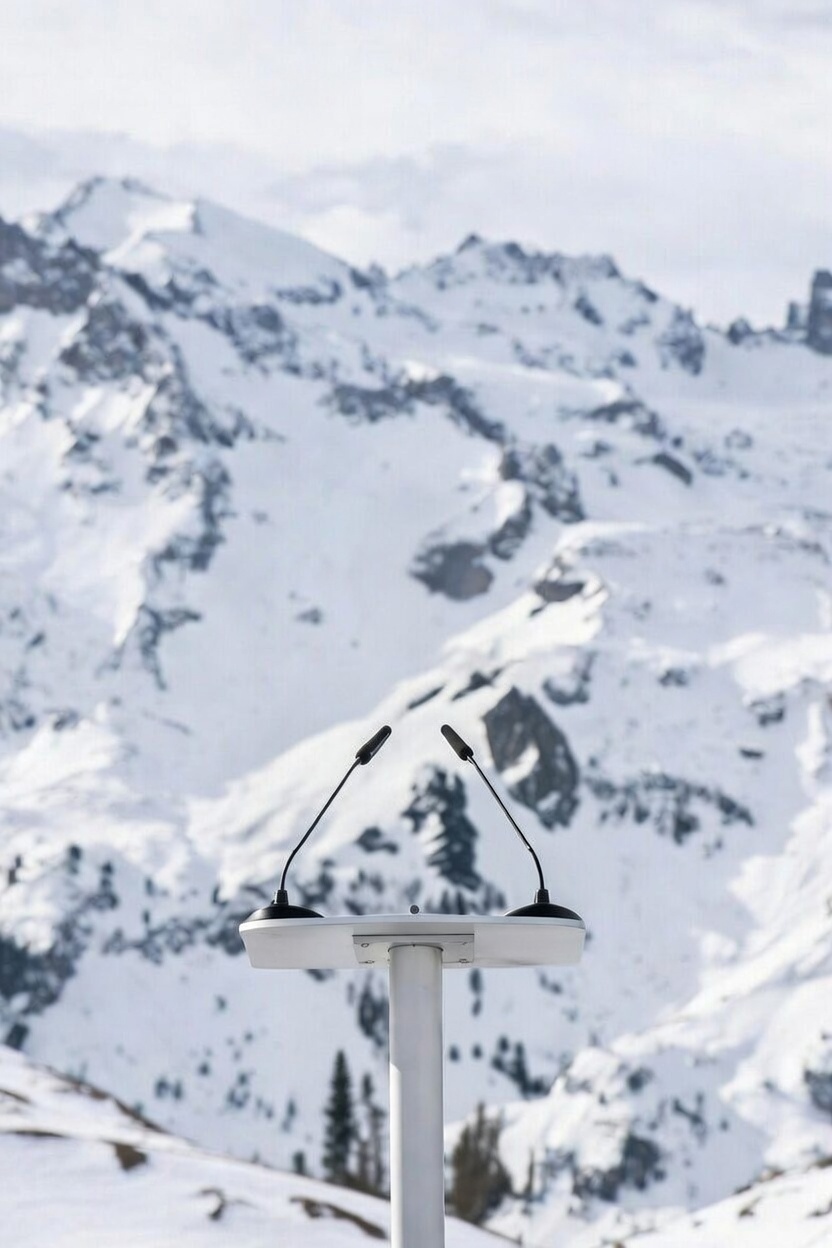 A picture of a podium in Davos with microphones and mountains towering behind it.