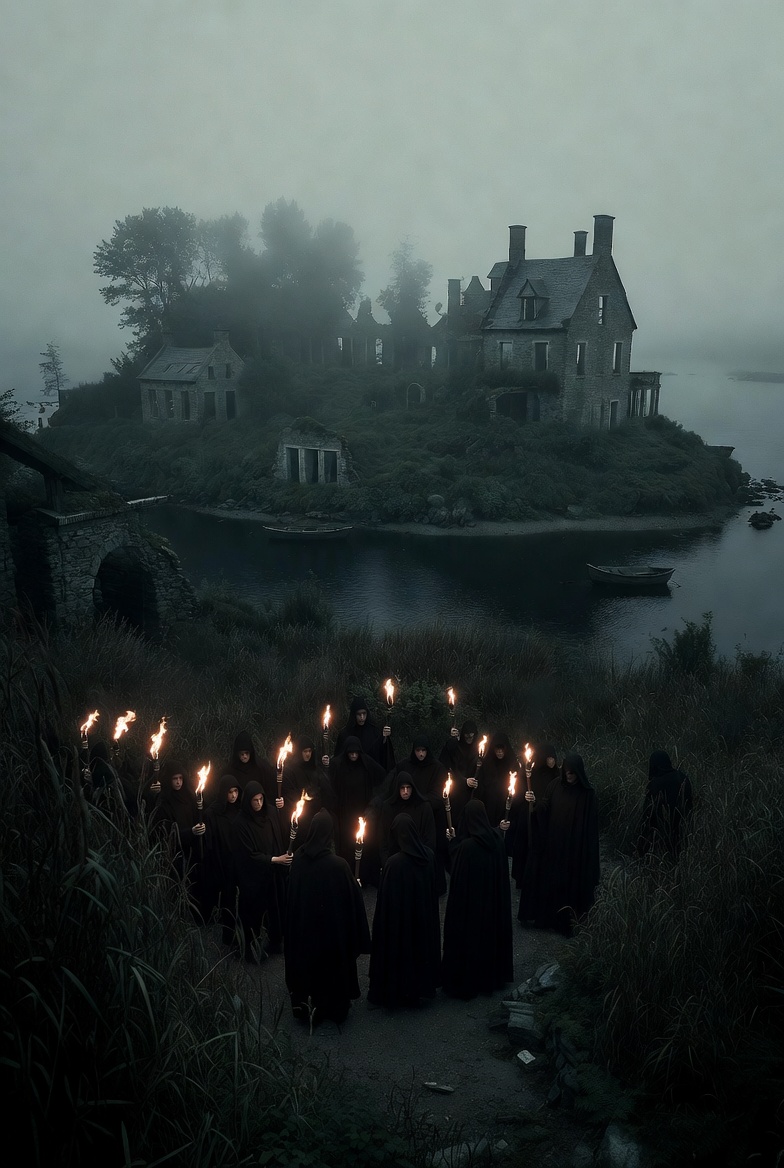 Mock photo of a Skull and Bones secret society meeting on Deer Island where they have torches and dark robes with a dilapidated ashed housing on the island surrounded by water