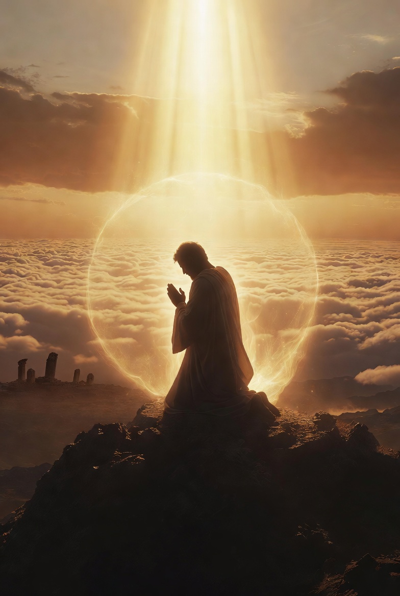 A lone figure in flowing robes kneels in prayer on a rocky mountain summit above a sea of clouds, bathed in powerful golden sunlight from the heavens. A glowing orb of divine light envelops the figure in protection as subtle sacred energy swirls around, with ancient crumbling idols visible in the distant valley below