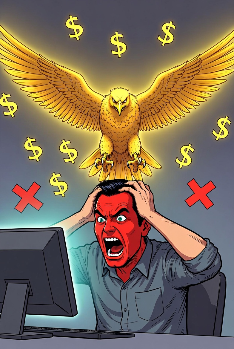 Cartoon man with red angry face raging at computer over golden eagle, comic meme style. Cartoon man with red angry face raging at computer over golden eagle, comic meme style.