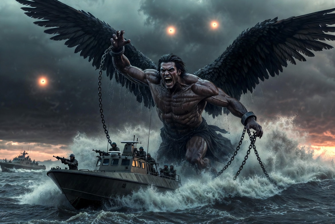Mock photo of a massive 14-foot-tall muscular fallen angel with dark wings rises furiously from the stormy Euphrates River at dusk, heavy chains binding its body as it attacks a modern military patrol boat. Soldiers aim their weapons in shock while glowing orbs hover in the turbulent sky, dramatic cinematic lighting with huge waves and splashes