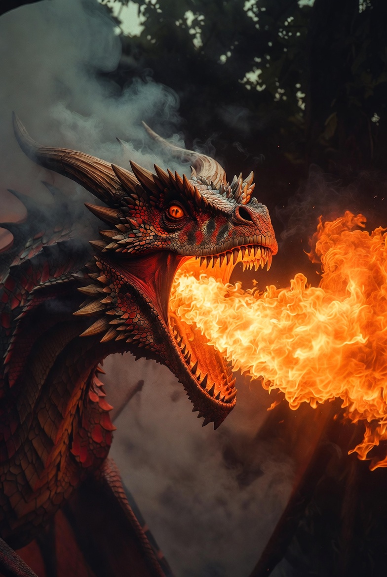 A satire photo of Karoline Leavitt as a fire breathing dragon shrieking a scorching fireball