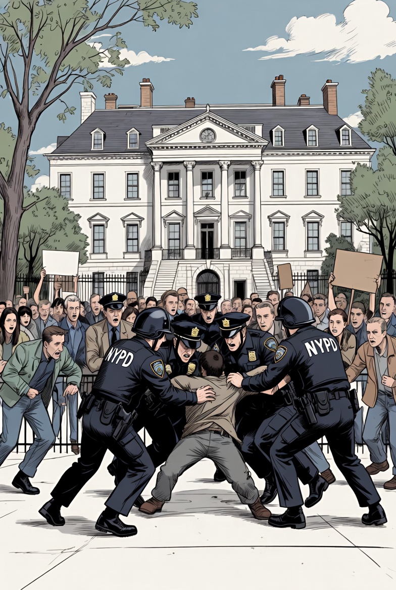 Mock photo of a cartoon protest outside of Gracie mansion with NYPD stopping a bomber