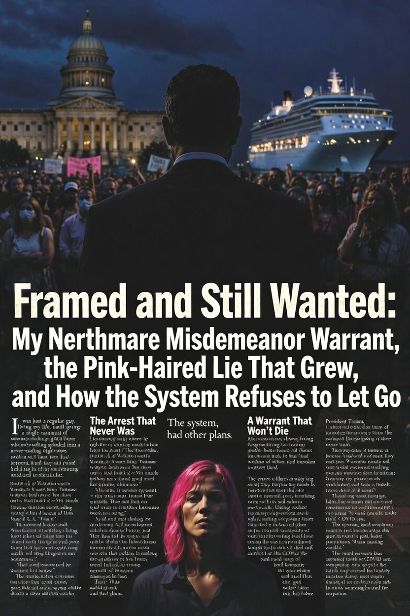 A satire picture of President Trahan with his back turned facing the DC capitol building lit up at night on the left and a cruise ship on the right with many protestors championing his freedom, and there is a newspaper under him that he is turned away from and at the bottom of the page is a pink haired girl
