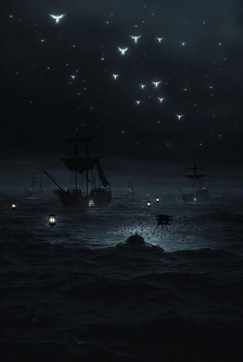Mock photo of a dark, eerie nighttime ocean scene with ghostly abandoned ships drifting under a starry sky filled with mysterious glowing angelic figures. In the foreground, a shadowy submersible glows faintly amid choppy waves, surrounded by scattered drone lights and faint occult symbols on the vessels