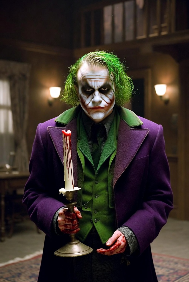 Mock photo of Heath Ledger as the Joker on the set of Full House holding a bloody candlestick and with blood on his hands like he did it