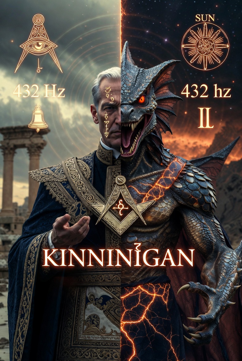 A dramatic digital illustration in a dark occult-conspiracy style: A Freemason in ornate ceremonial regalia and apron is mid-shapeshift into a reptilian Alpha Draconian. Half of his face and body remain human with Masonic symbols, while the other half transforms into a fierce Skeksis-like reptilian creature with scales, serpent head, bird-like crest, glowing eyes, and claws. Background shows ancient Atlantis ruins merging with modern Illuminati symbols, all-seeing eye, SUN Order emblem, and faint church bells ringing at 432 Hz waves. Foreground features glowing text A dramatic digital illustration in a dark occult-conspiracy style: A Freemason in ornate ceremonial regalia and apron is mid-shapeshift into a reptilian Alpha Draconian. Half of his face and body remain human with Masonic symbols, while the other half transforms into a fierce Skeksis-like reptilian creature with scales, serpent head, bird-like crest, glowing eyes, and claws. Background shows ancient Atlantis ruins merging with modern Illuminati symbols, all-seeing eye, SUN Order emblem, and faint church bells ringing at 432 Hz waves. Foreground features glowing text