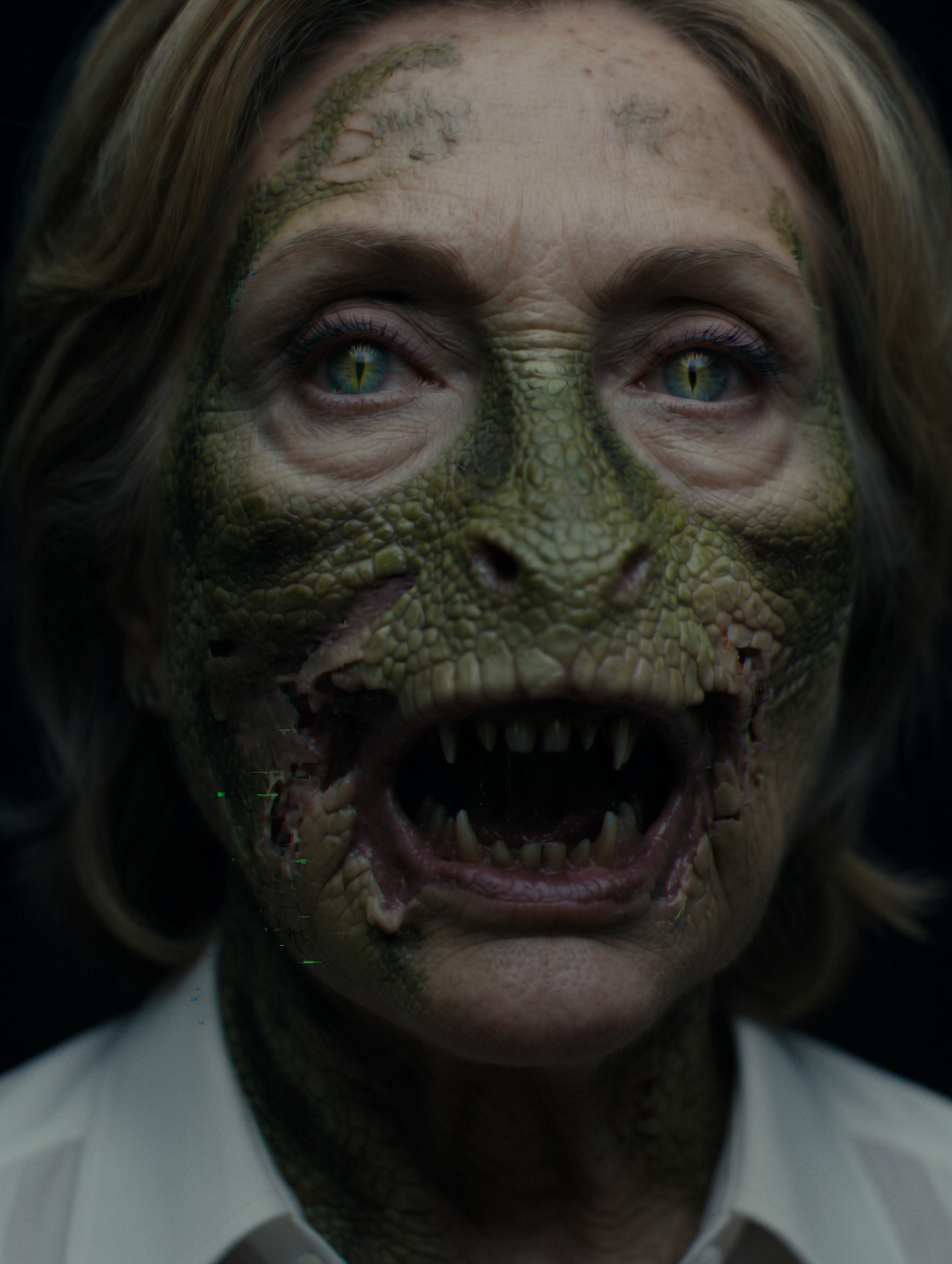 Mock close-up portrait of Hillary Clinton in a reptilian transformation, with green scaly skin cracking through her face, vertical slit pupils in her eyes, and a slightly unhinged jaw revealing sharp teeth