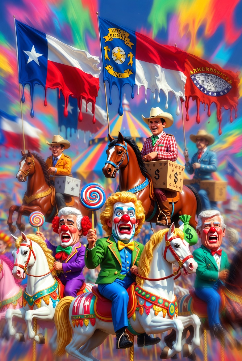 Mock photo of politicians riding horses and riding away with ballot boxes and donation boxes while crybaby clowns with swirly lollipops are riding ponies