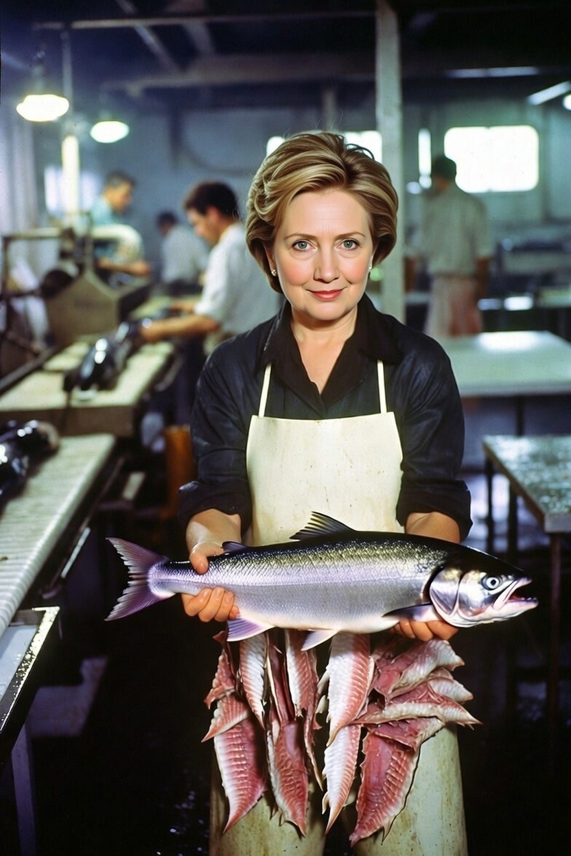 A picture of Hillary Clinton holding a salmon with salmon filets hanging from her apron.