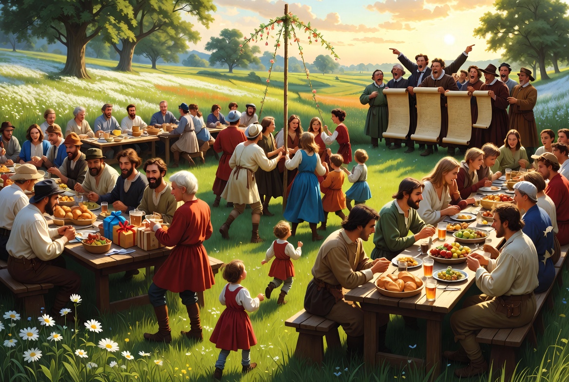 A lively 16th-century European spring meadow scene showing humble villagers in simple clothing joyfully celebrating the old New Year with long wooden feast tables full of bread, fruit, and ale, children and adults dancing around a flower-decorated maypole, and people exchanging gifts. In the background, a group of officials holding January 1st calendar scrolls point and laugh mockingly at the villagers, with subtle paper fish pinned on some backs. Golden sunlight over blooming fields and wildflowers