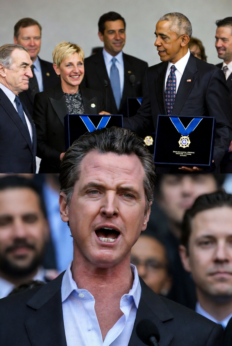 A picture of Obama handing out Presidential Medals of Freedom to Ellen and Deniro, and Gavin Newsom throwing a tantrum.