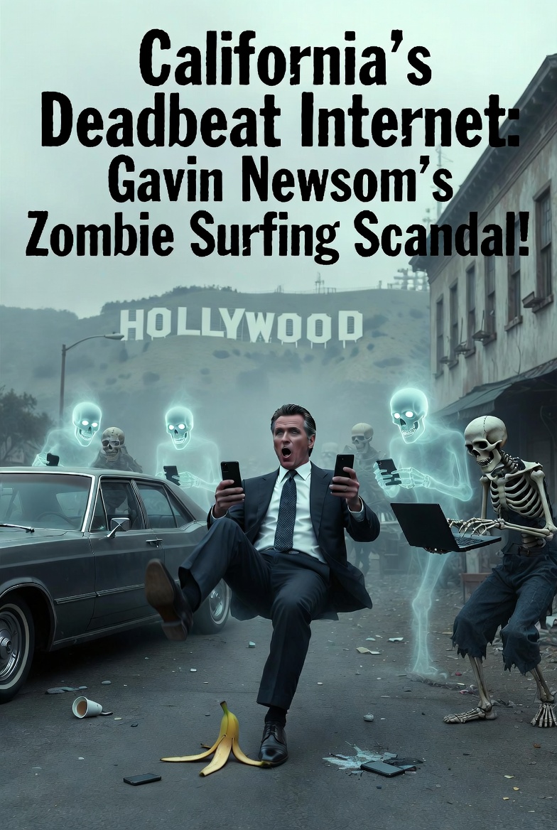 Satirical illustration of Gavin Newsom slipping on a banana peel while skeletons and ghosts access the internet for free and the Hollywood hills sign is behind him