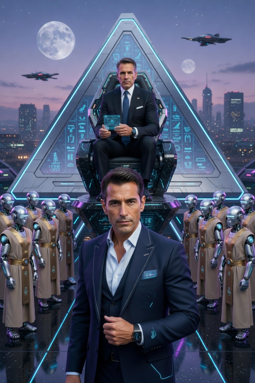 A towering, glowing blue triangular pyramid structure rises in a high-tech night cityscape under a large full moon. At the apex sits a stern politician in a dark suit holding a luminous holographic cube, seated on a throne-like chair. Below him on a lower tier stands a charismatic young man in a sharp navy suit, looking directly at the viewer. Surrounding the pyramid base are rows of humanoid androids in beige robes with glowing blue accents, standing in formation amid floating drones and futuristic skyscrapers in the background