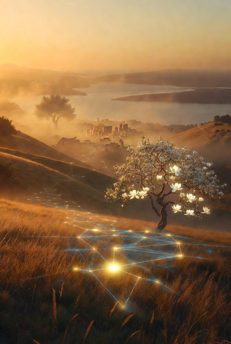 A glowing magnolia tree stands on a golden hillside overlooking misty American landscapes with distant oceans and faint ancient ruins in the background. Subtle luminous energy grid lines connect across the land, evoking spiritual frequencies and hidden connections. Warm, ethereal atmosphere with soft golden light. A glowing magnolia tree stands on a golden hillside overlooking misty American landscapes with distant oceans and faint ancient ruins in the background. Subtle luminous energy grid lines connect across the land, evoking spiritual frequencies and hidden connections. Warm, ethereal atmosphere with soft golden light