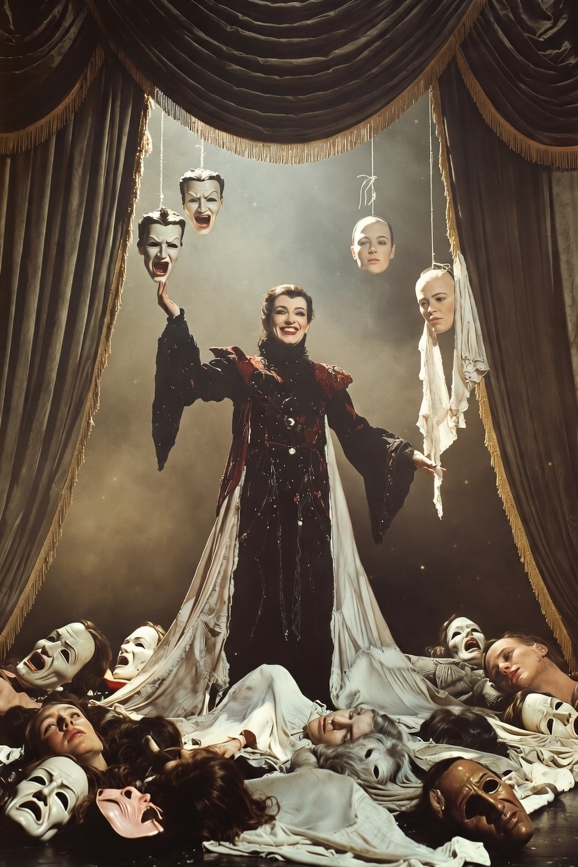 Discarded celebrity-like masks and porcelain faces lie in disarray before red velvet curtains, illuminated by fading daylight