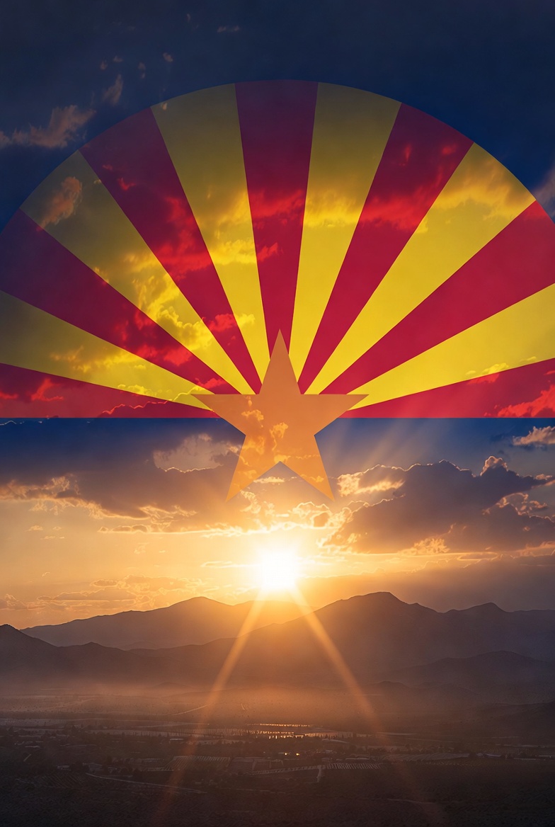 Illustrated photo of the bright shining sun setting over the misty Arizona Mountains with golden glowing shaded clouds and the Arizona valley below with Arizona political colors and a star representative of the State body
