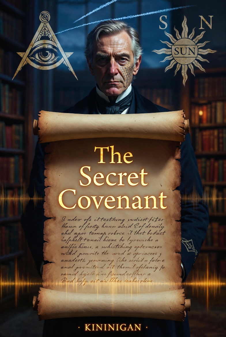 A mysterious elderly man in formal 19th-century attire holding an ancient scroll titled 'The Secret Covenant'. One side of his face shows subtle reptilian scales. Masonic all-seeing eye and SUN Order symbols float in the background of a dimly lit library