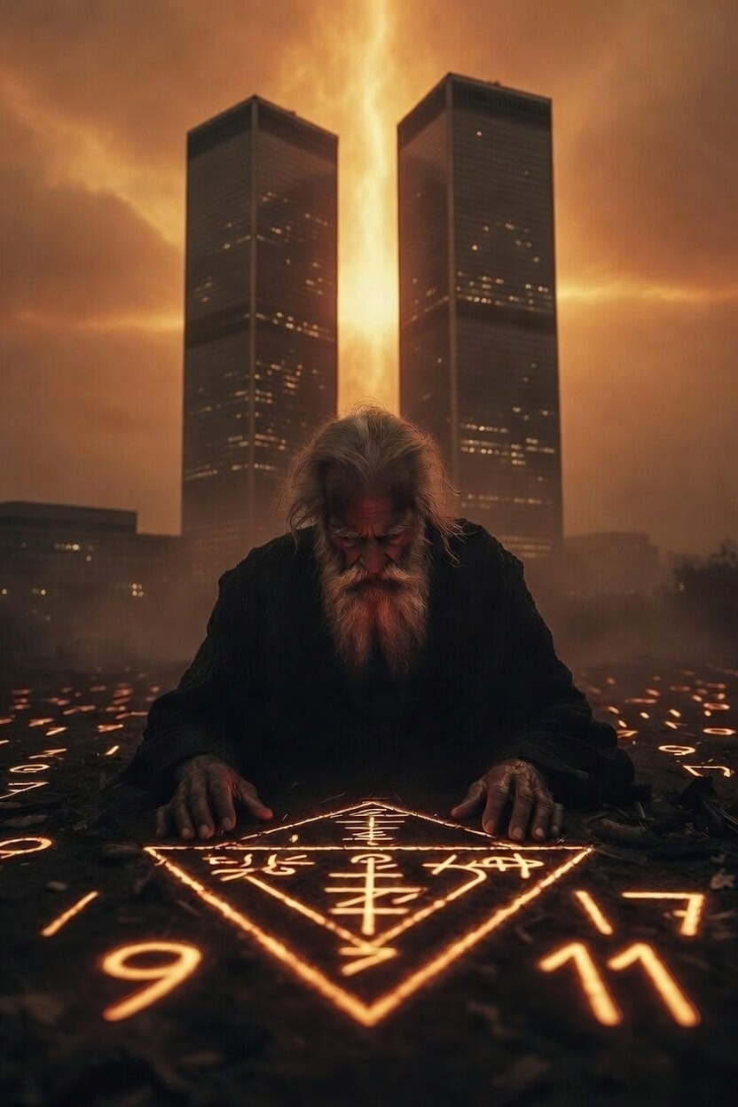 Elderly hooded occultist kneels over a glowing triangular sigil marked with 9 and 11, as the Twin Towers loom in the background with intense golden light bursting between them like a ritual dawn