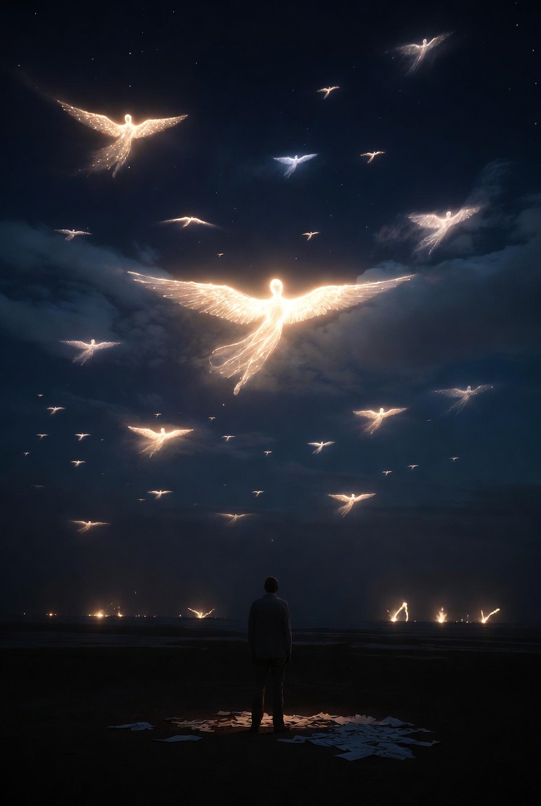 Mock photo of A lone researcher standing on a dark coastal plain at night, gazing upward at a starry sky filled with glowing, angelic-shaped UAPs radiating ethereal light, surrounded by scattered papers and faint anomalous lights on the horizon