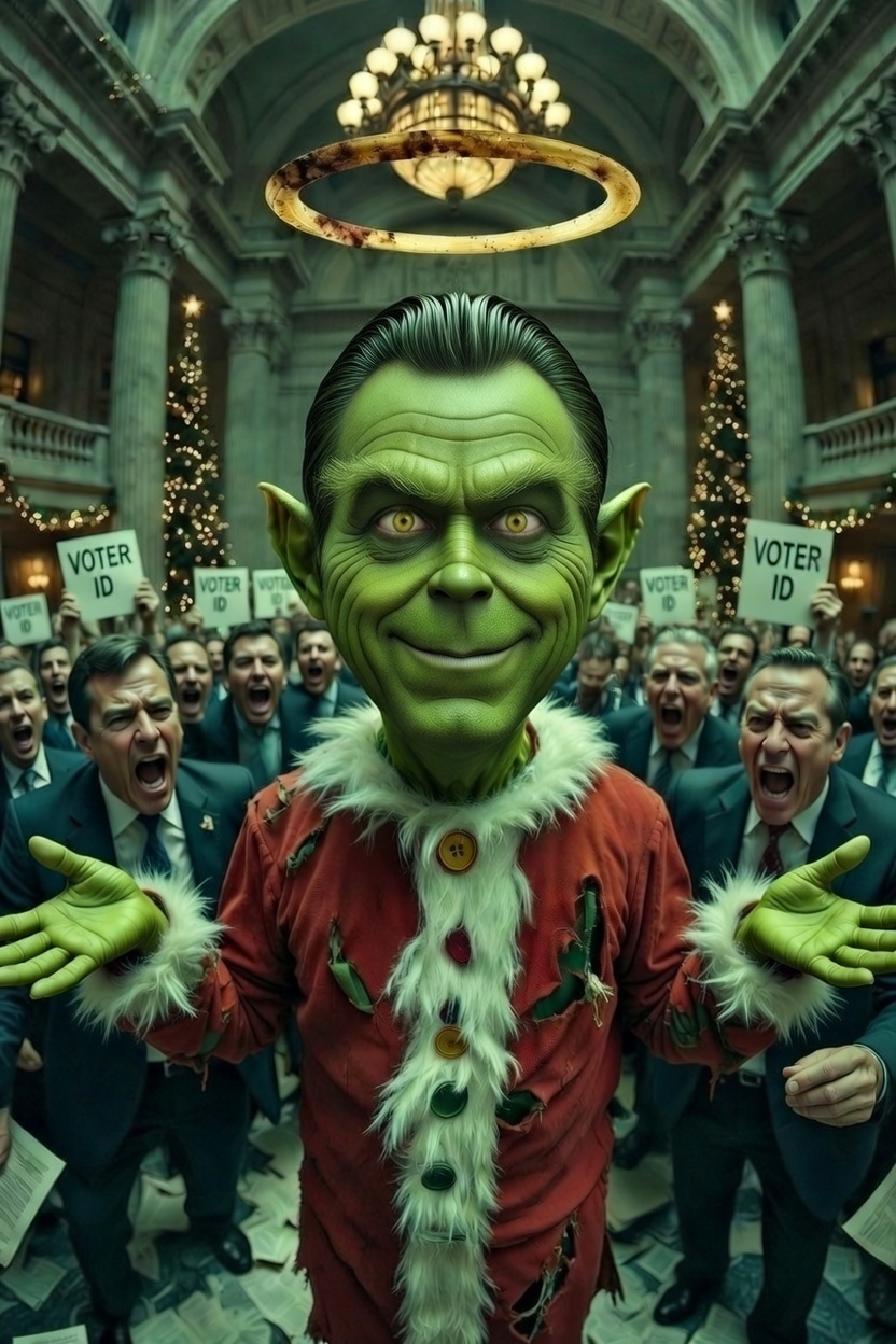 Gavin Newsome as the Grinch of California with citizens protesting for voter id