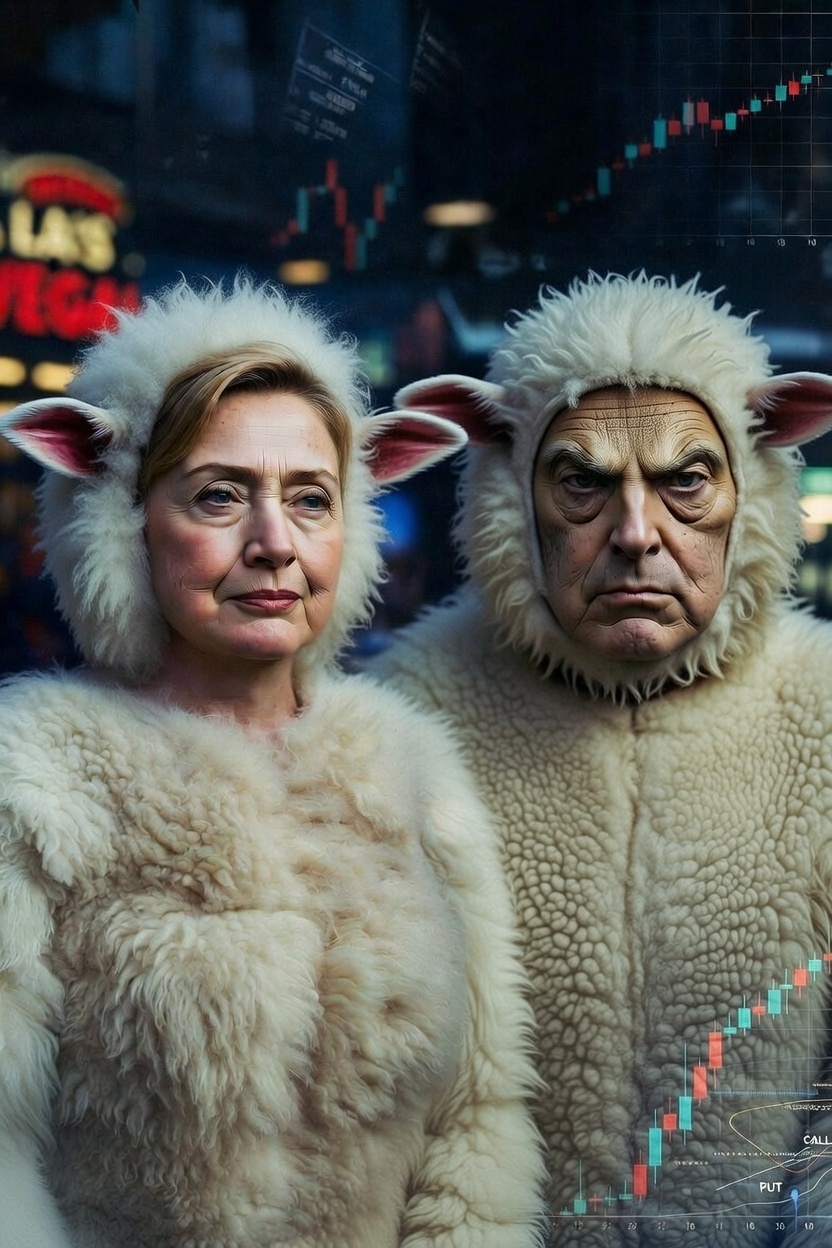 A picture of Hillary Clinton and George Soros dressed as sheep, as if they are the wolf.
